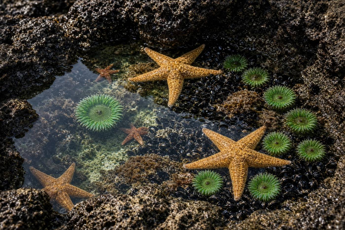 Tide pool with ochre sea stars and green anemones at low tide