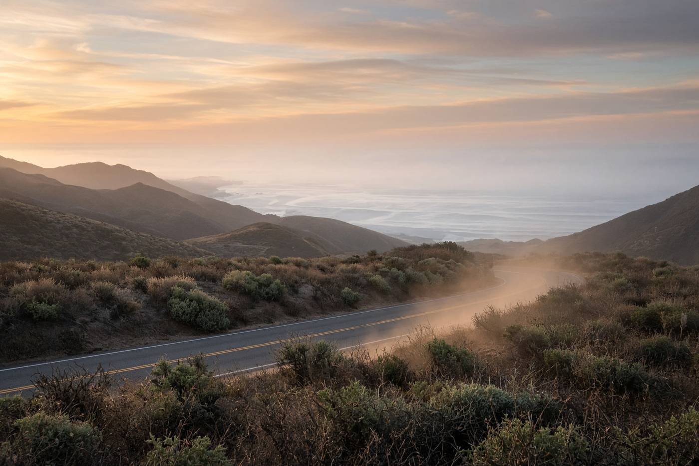 Dry California hills at dusk looking west toward a marine-layer haze