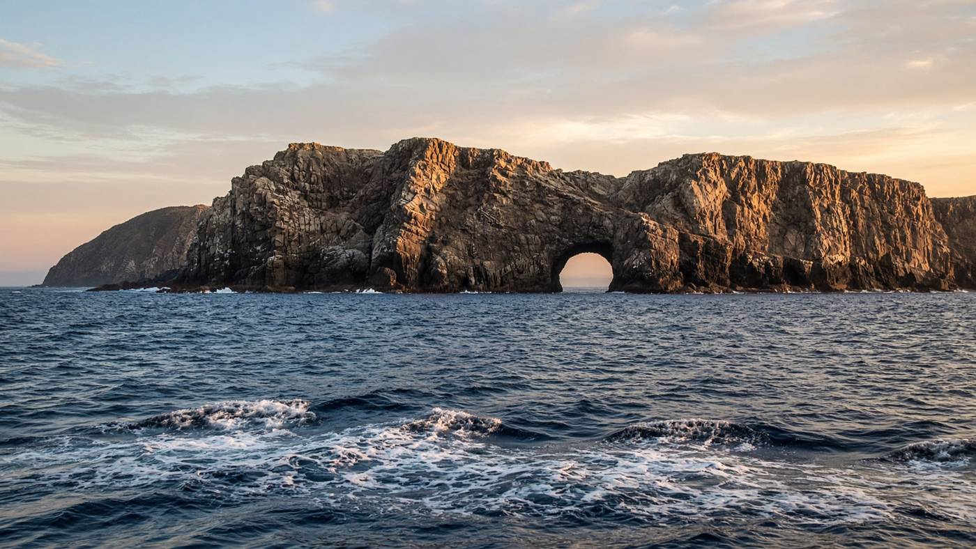 Anacapa Island volcanic cliffs and arch from the water