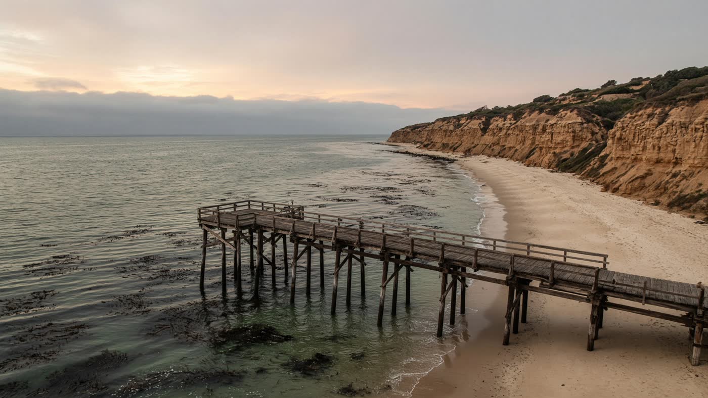 Weathered fishing pier at Paradise Cove reaching into kelp-green water at last light